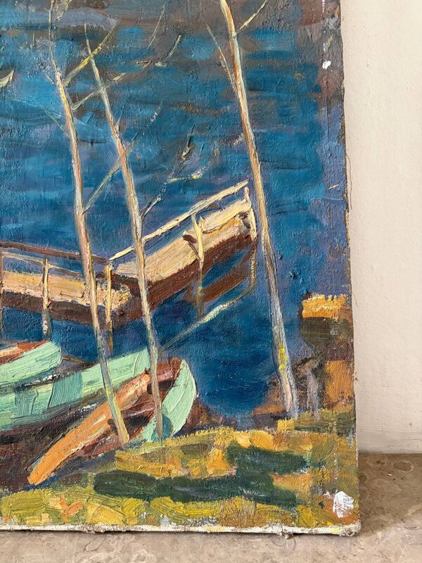 Huile sur toile  ''Bateaux à rames sur le ponton