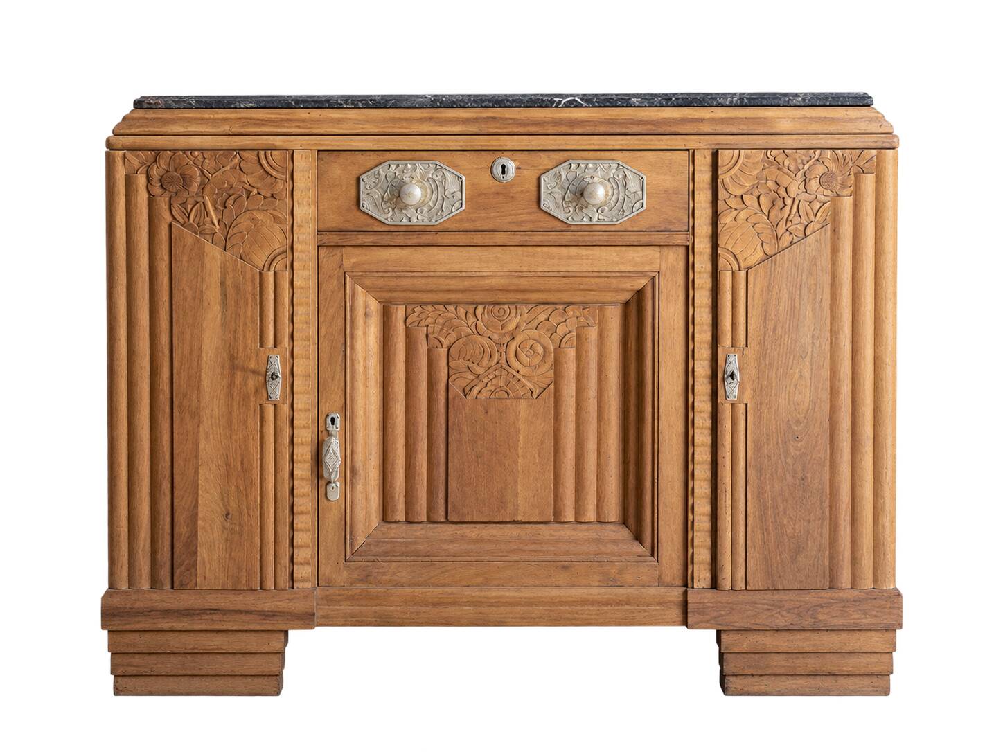Art Deco sideboard in walnut • Black marble • Sculpted decorations