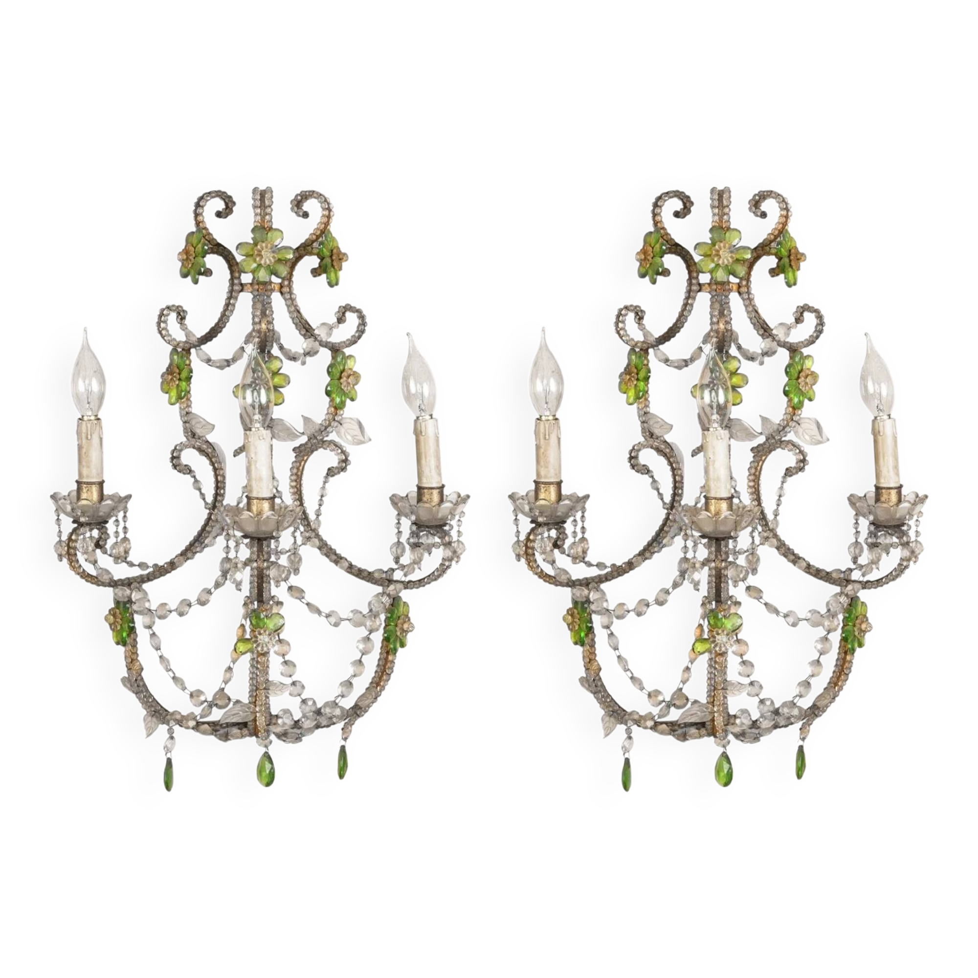 Italian crystal wall sconces with bead flowers in green (pair)