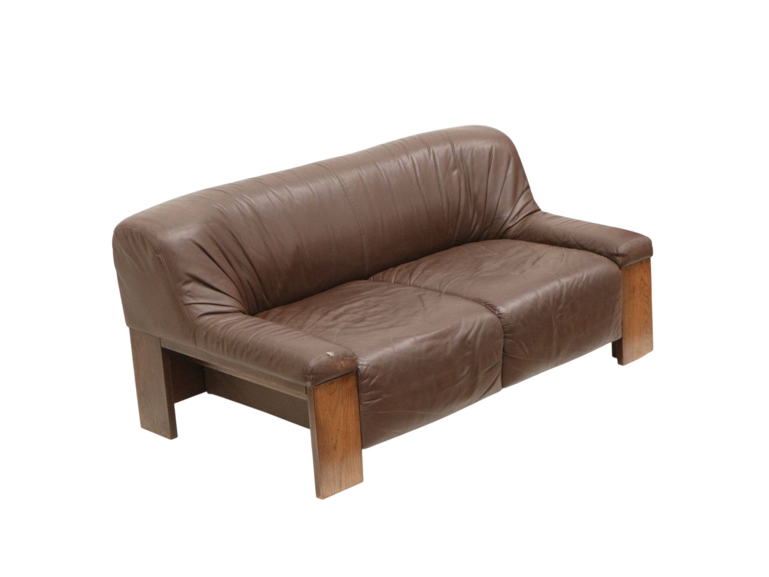 Brutalist 2-seater leather sofa – brown leather with wenge wood frame