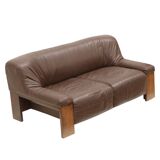 Brutalist 2-seater leather sofa – brown leather with wenge wood frame