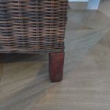 2 colonial-style armchairs in woven rattan and exotic wood