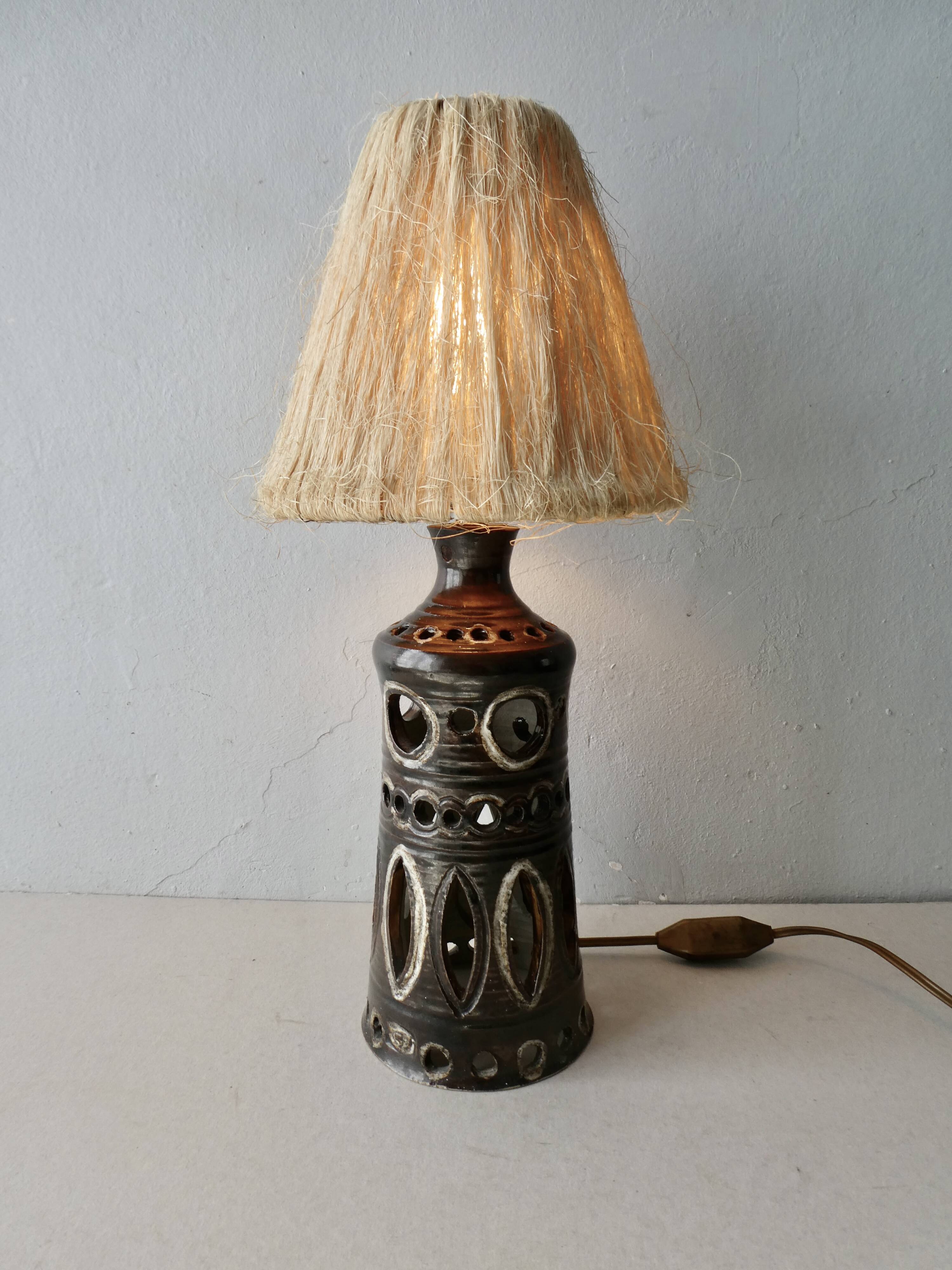 Openwork ceramic lamp and rope lampshade, 1960s