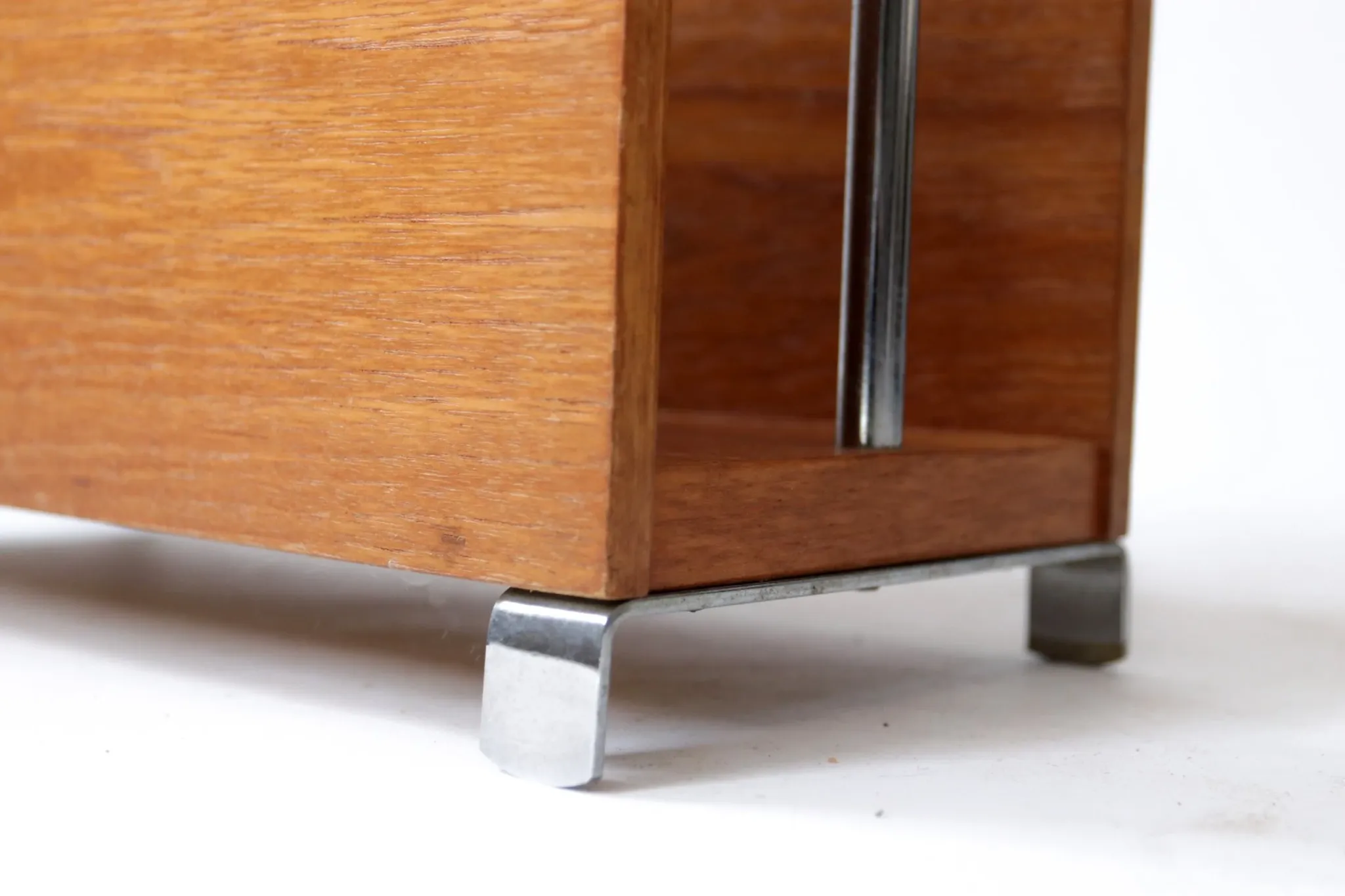 Mid-century modern magazine rack, teak and chrome, 1960s