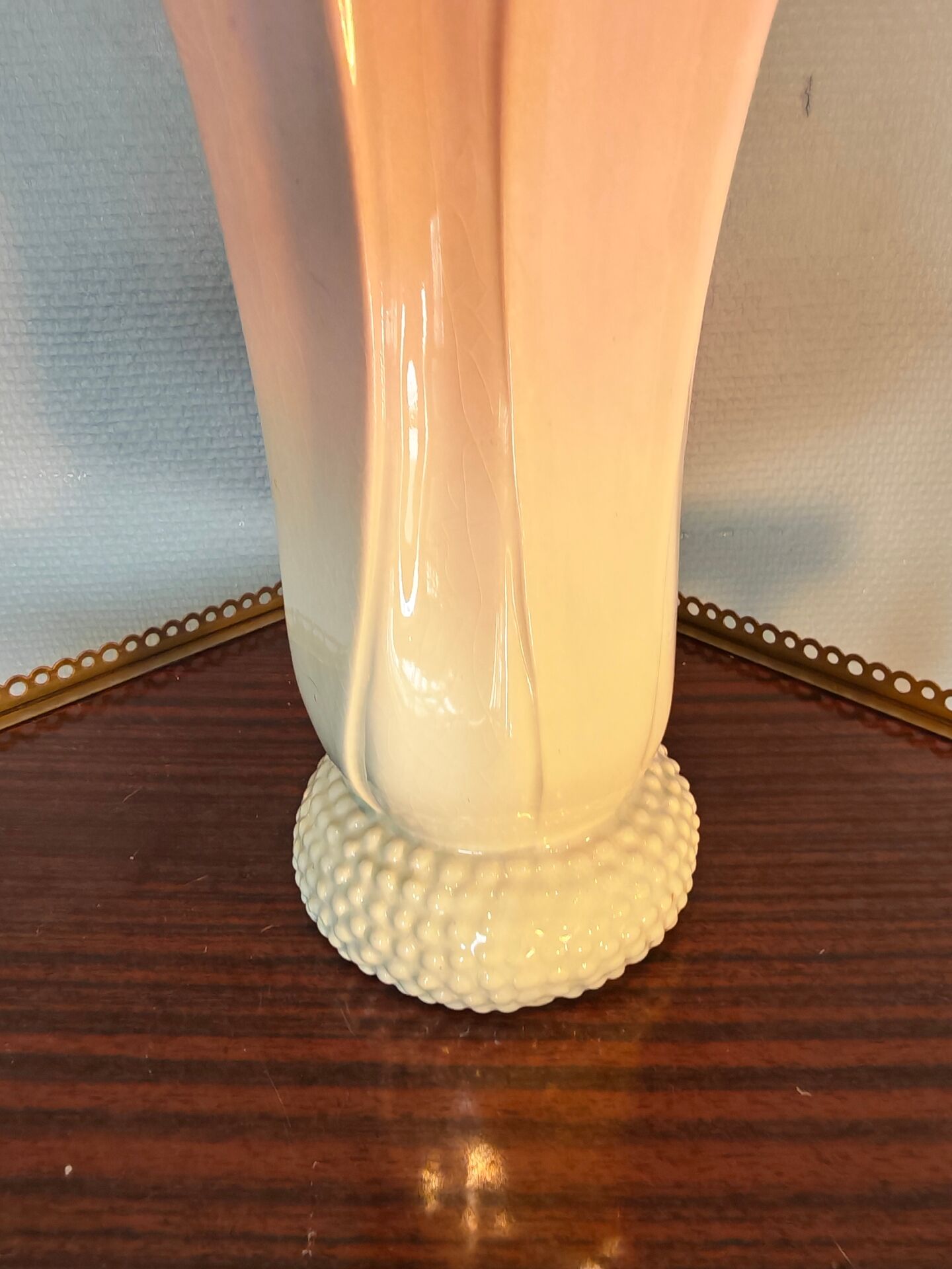 Vintage pink and white tulip vase in majolica, 1950s style.