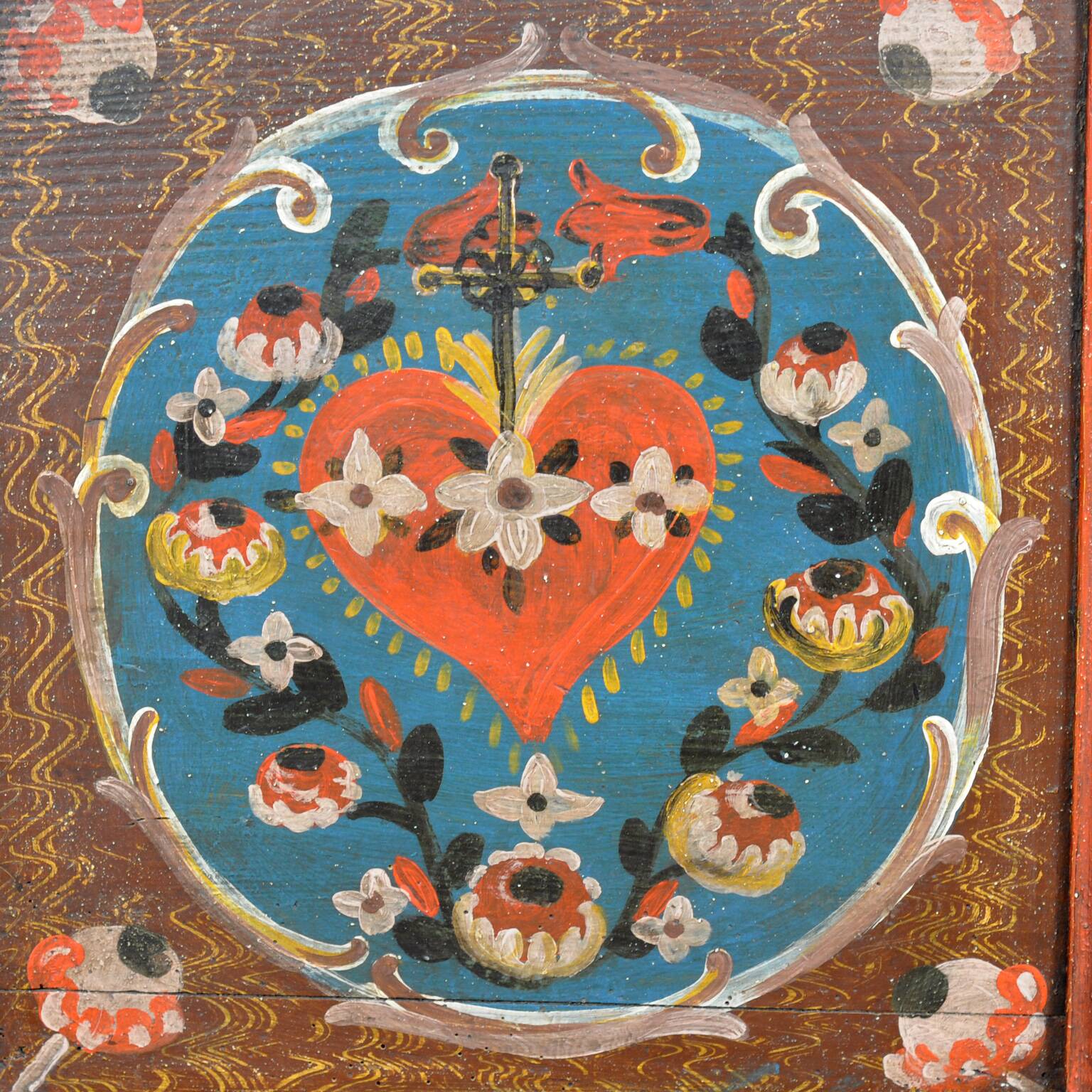 Coffre de mariage d'art populaire, daté de 1718