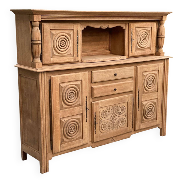 Buffet 2 corps de style breton en chêne massif brut, rénové