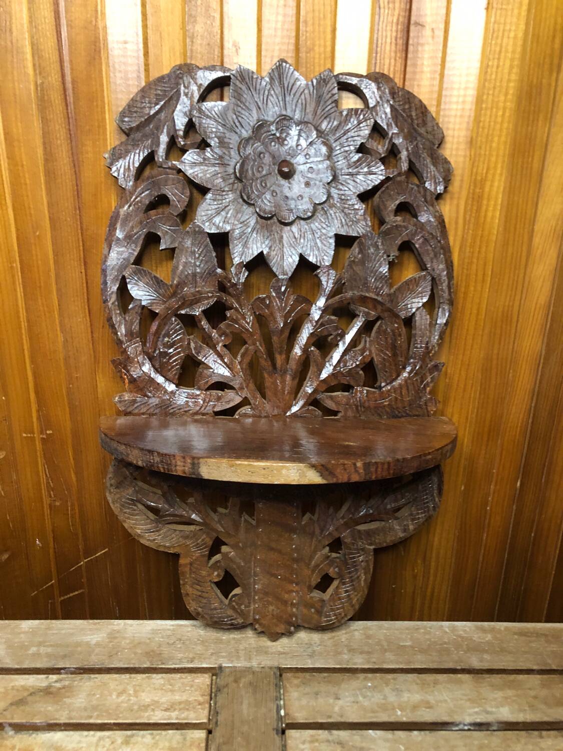 Carved wood shelf vintage birds & flowers decor