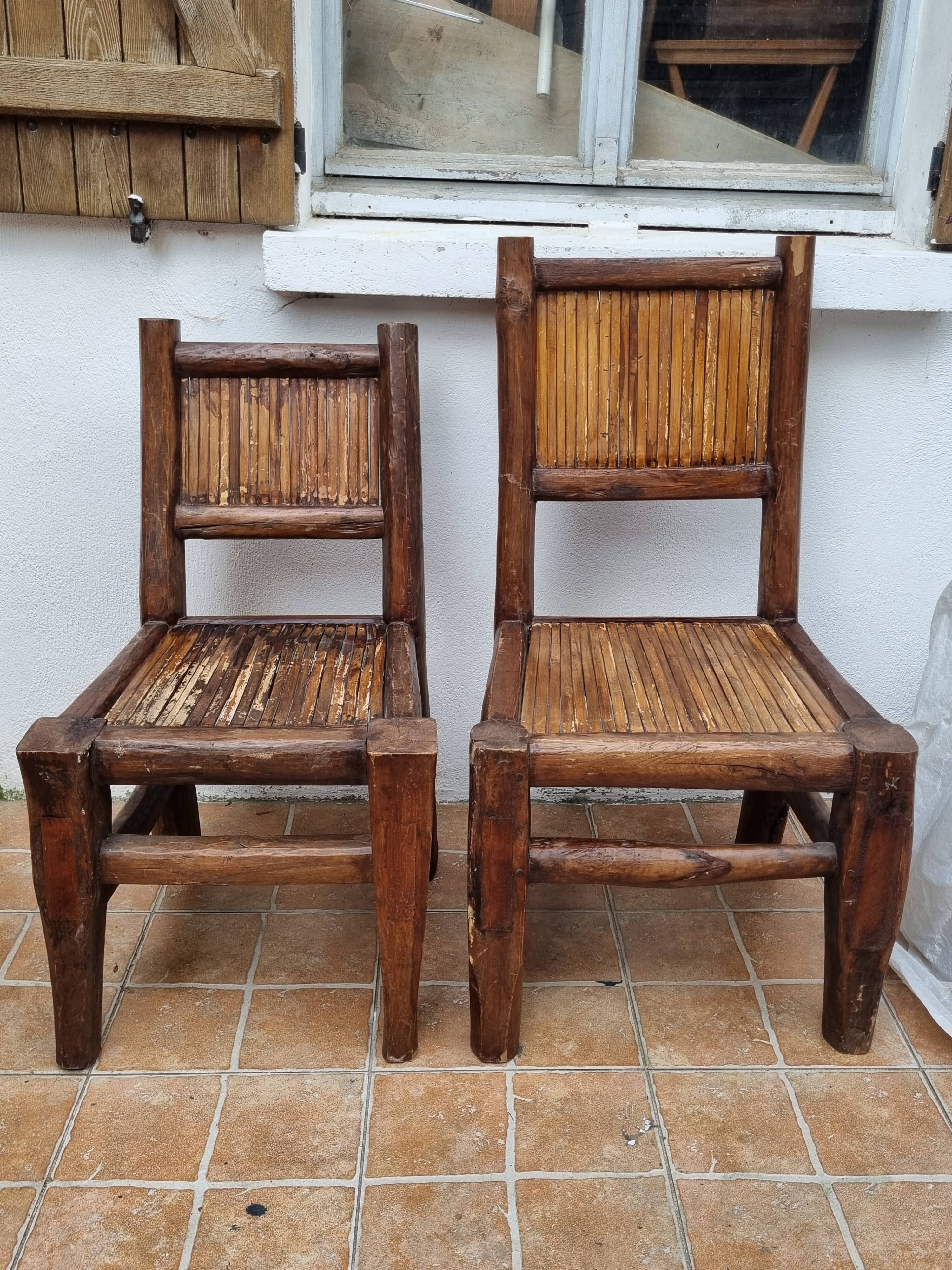 Pair of solid wood and bamboo chairs, brutalist style, 90 cm
