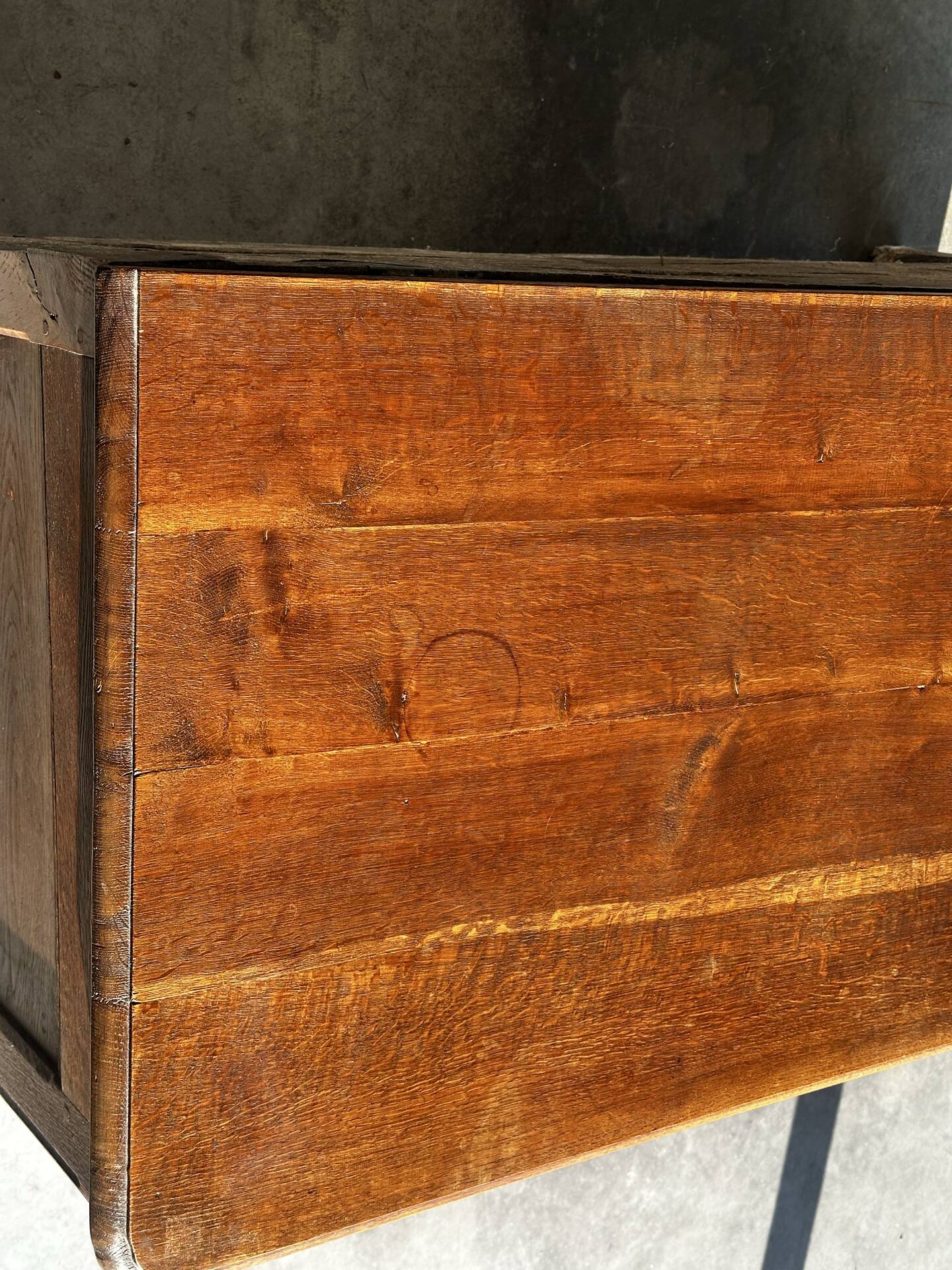 French provincial chest in carved and pegged solid oak, 18th century.