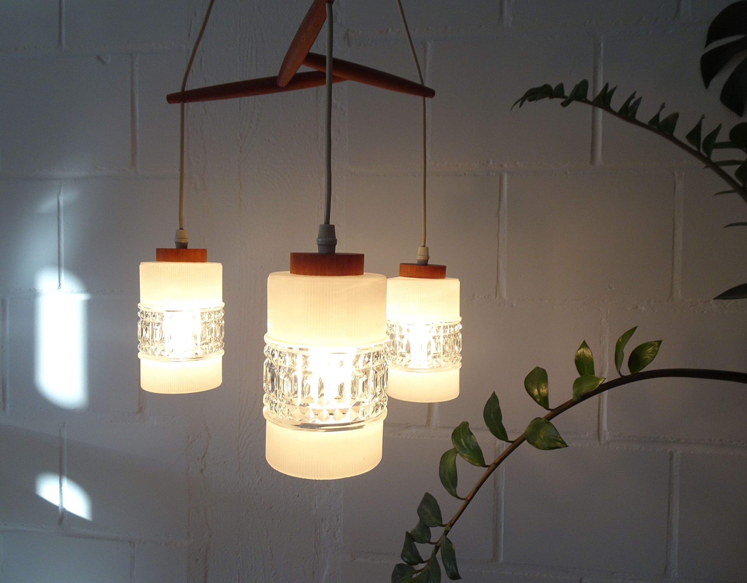 Teak hanging lamp with three lamps, Mid Century chandelier made of glass and teak