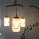 Teak hanging lamp with three lamps, Mid Century chandelier made of glass and teak
