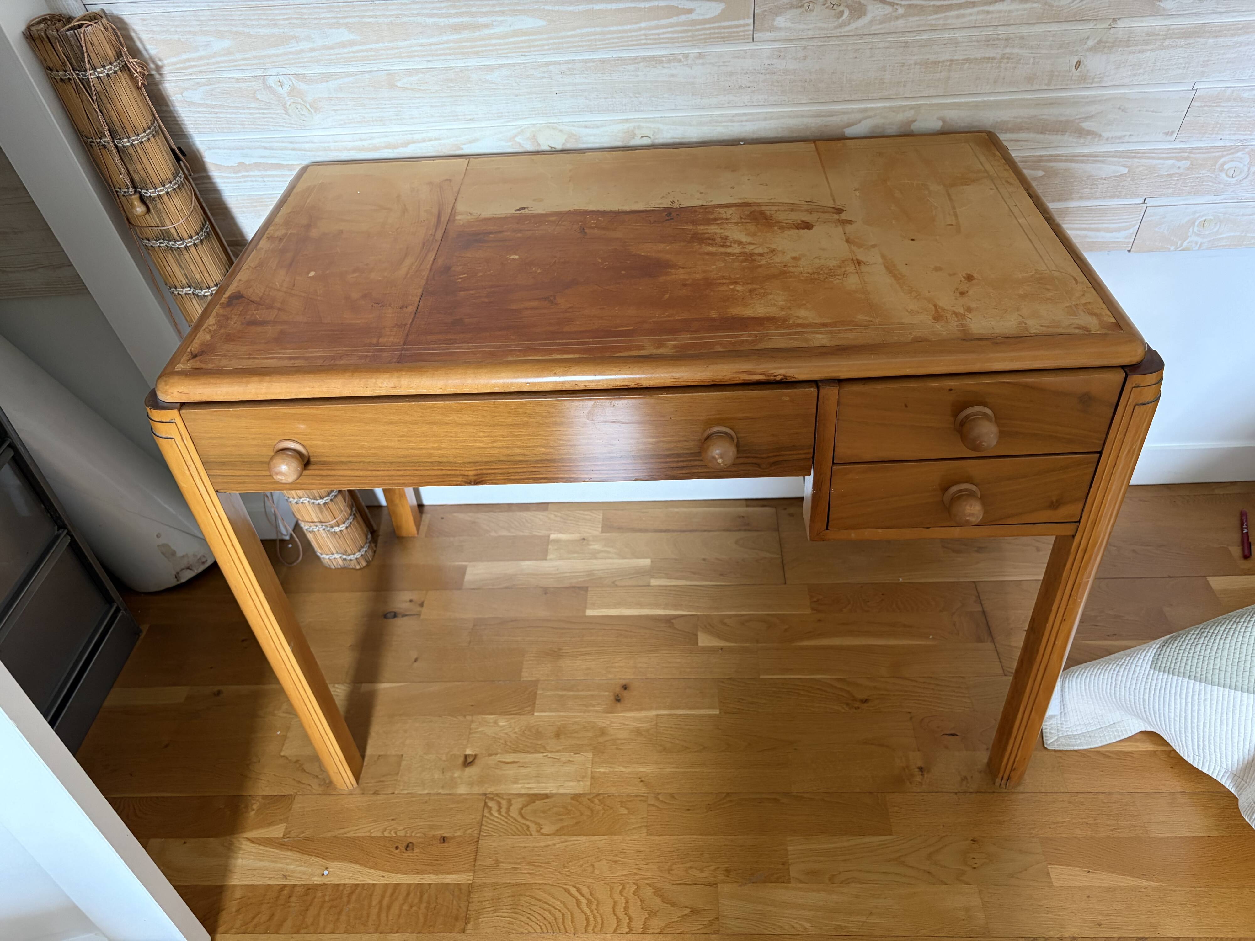 Bureau art deco 108x60 3 tiroirs dessus cuir à changer