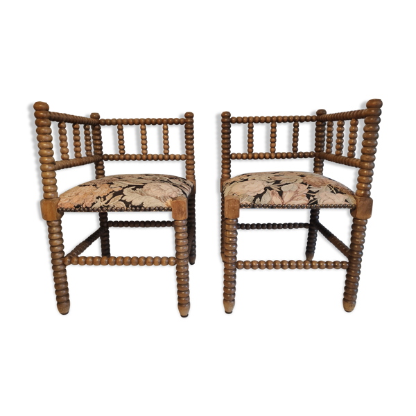 Chaises d'angle anciennes en bois tourné et assises tissu imprimé | Selency