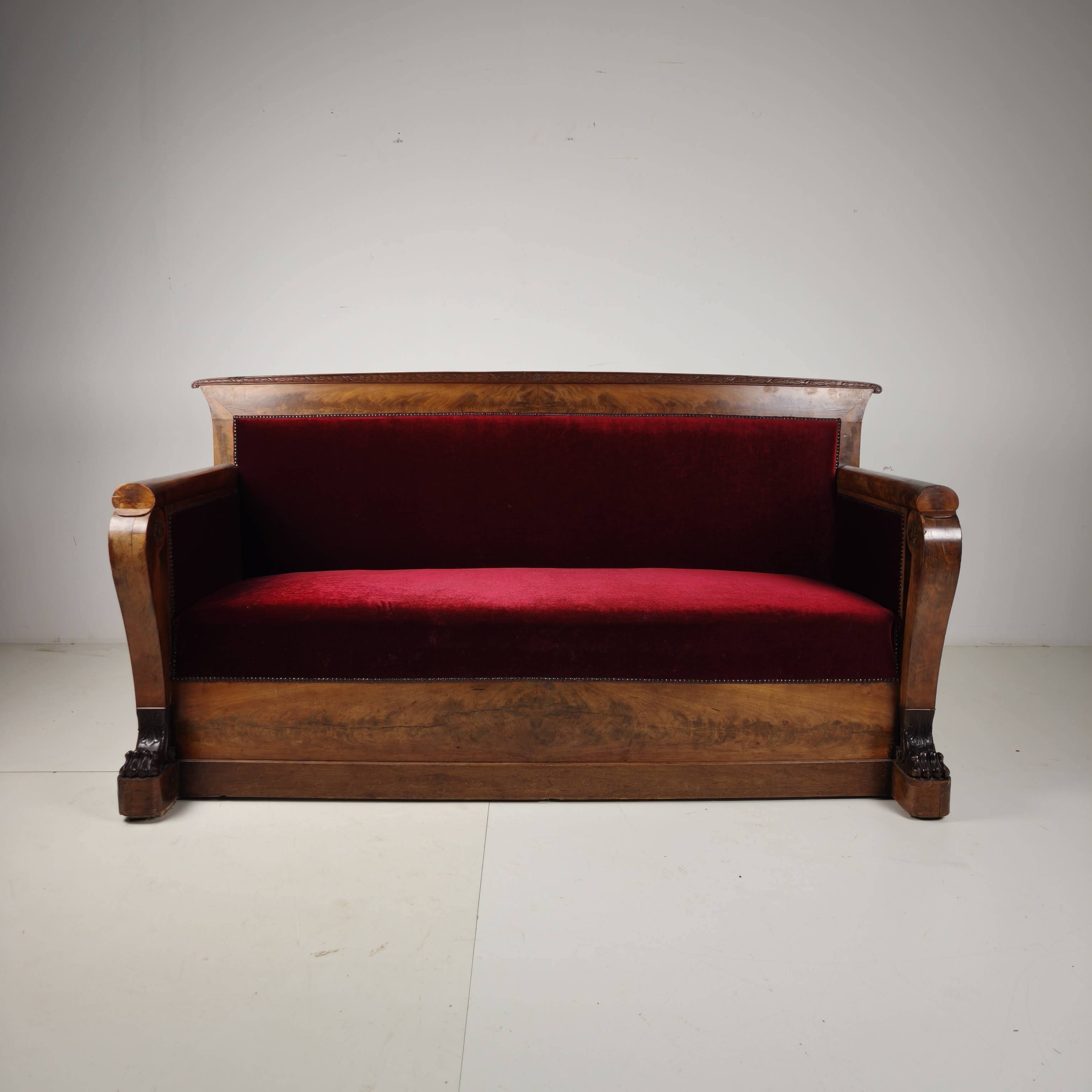 Empire Walnut Red Sofa, early 19th Century