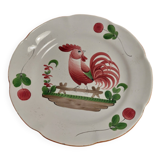 Earthenware plate with rooster and cherry decor, Hadancourt art earthenware factory, Milie