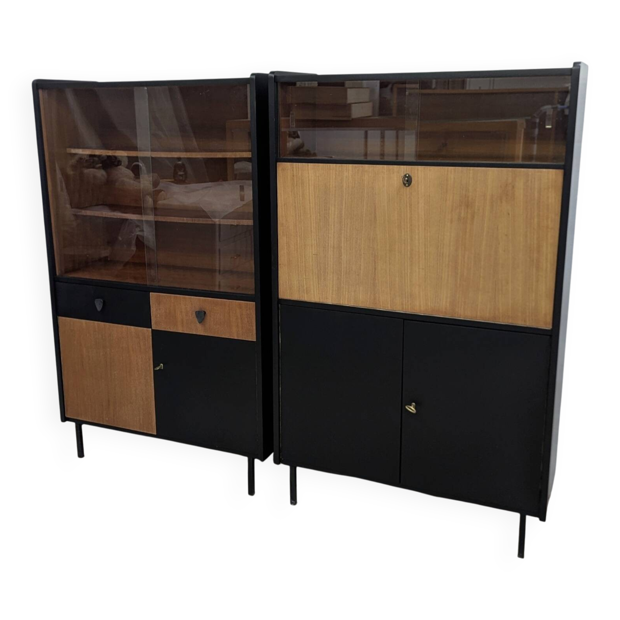 Vintage 1960s Secretary and Display Cabinet Set with Compass Design Legs