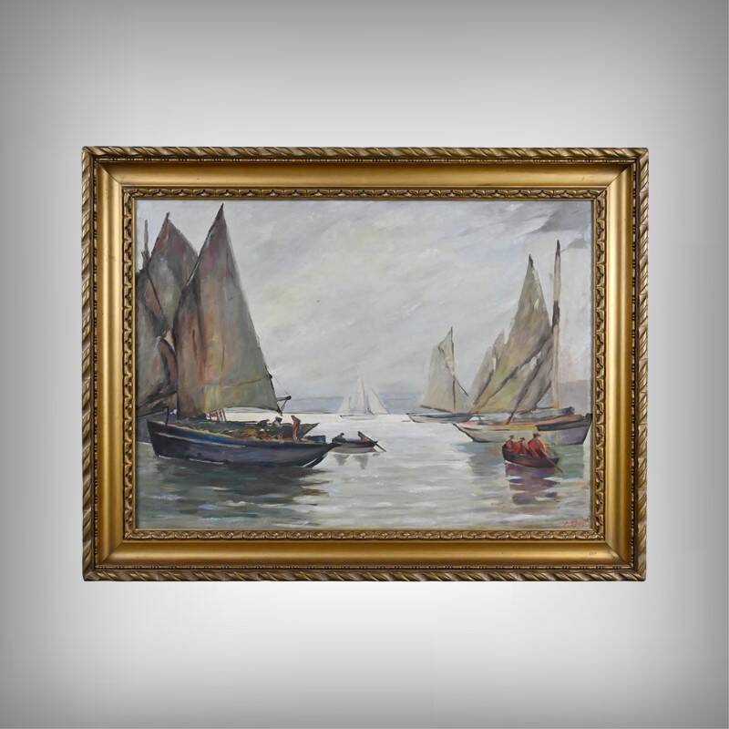 Painting "Sailboats on Calm Sea", oil on canvas, signed C. Bustad – 1928