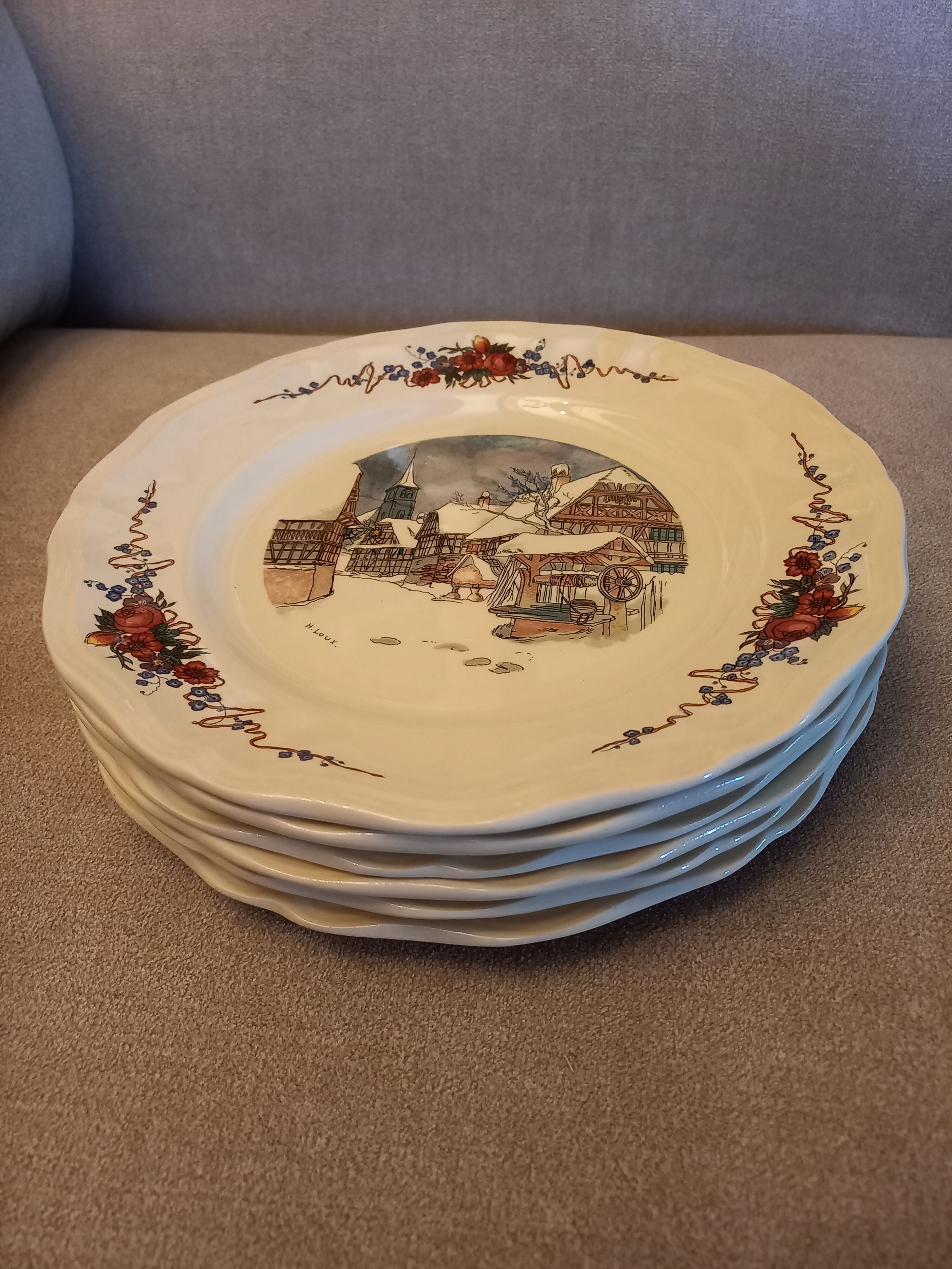 6 flat plates Sarreguemines Obernai décor Alsace