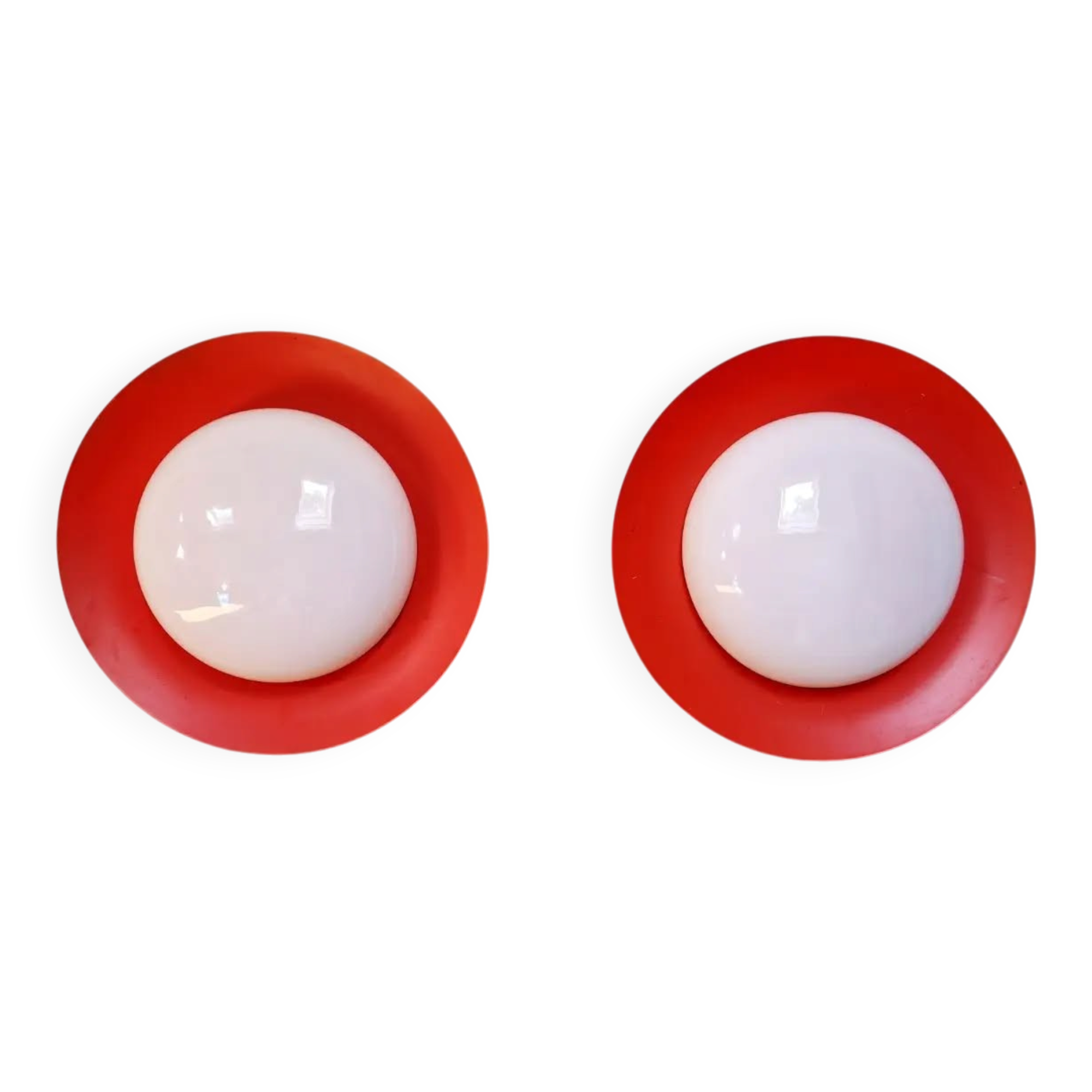 Pair of XXL Space Age wall sconces, orange lacquered metal and opaline, 1960.