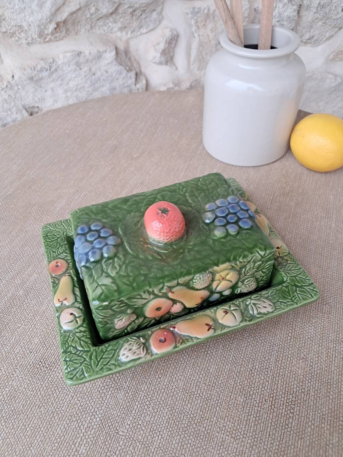 Antique butter dish in slip