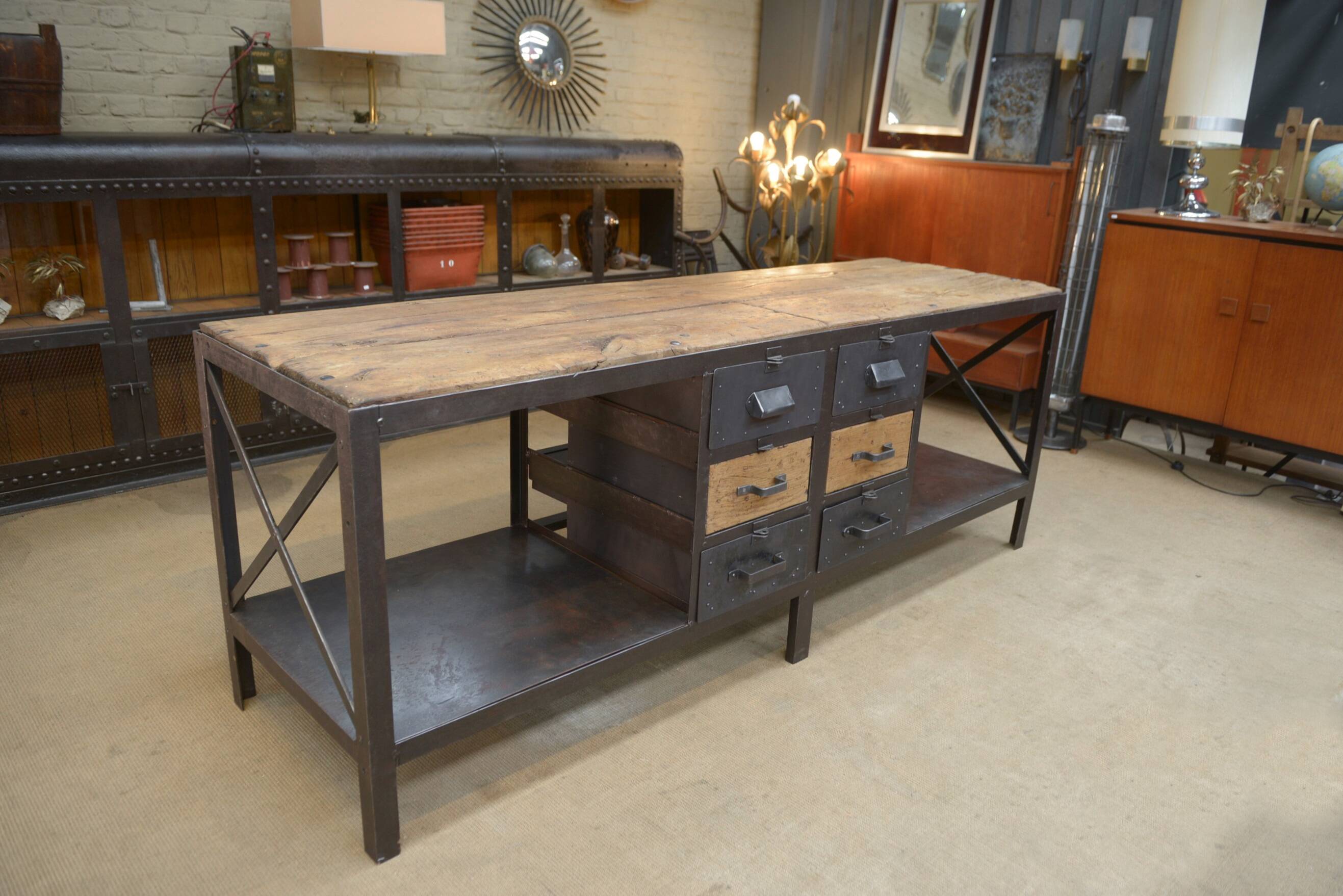 Industrial sideboard from metal and wood factory 1950