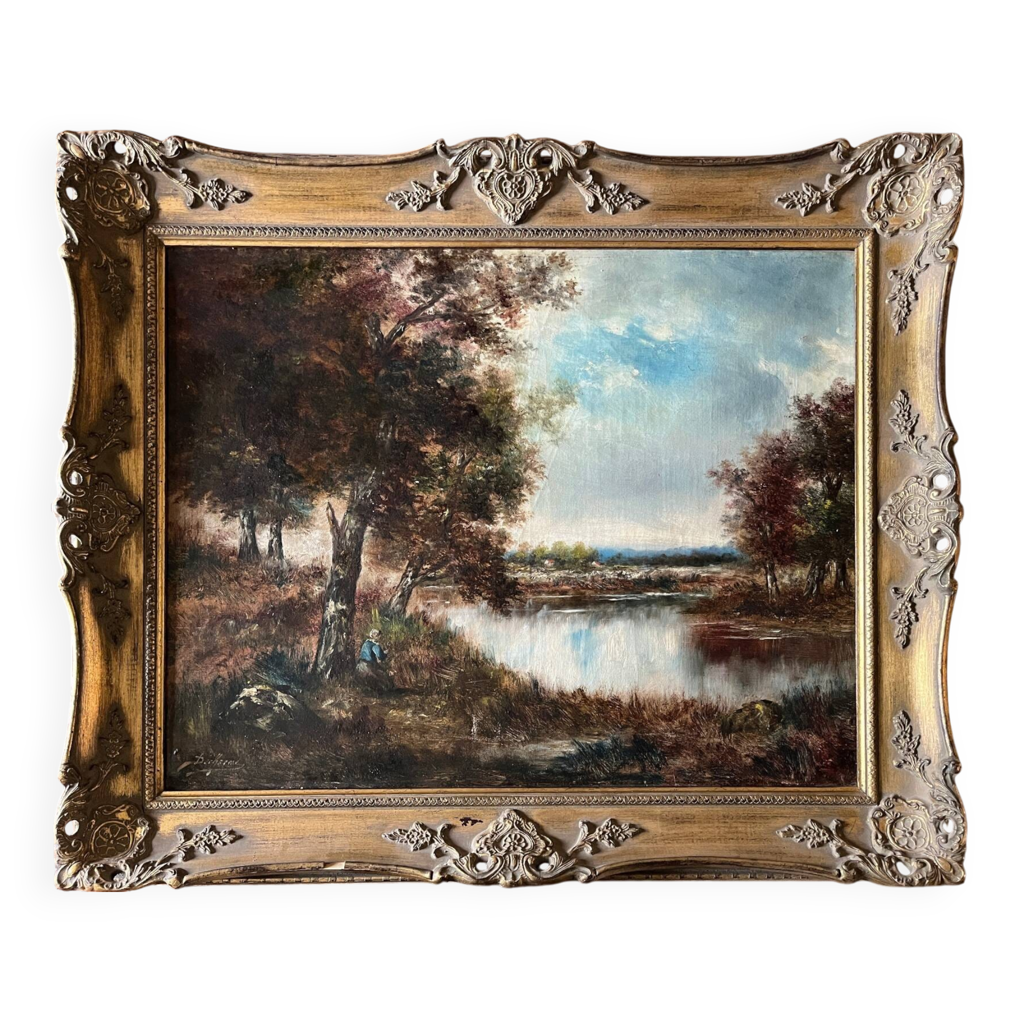 Tableau HST "Animated Lakeside Landscape" by Barbizon school, signed Décharme.