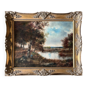 Tableau HST "Animated Lakeside Landscape" by Barbizon school, signed Décharme.