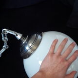 Art deco globe suspension in opaline and aluminium chain