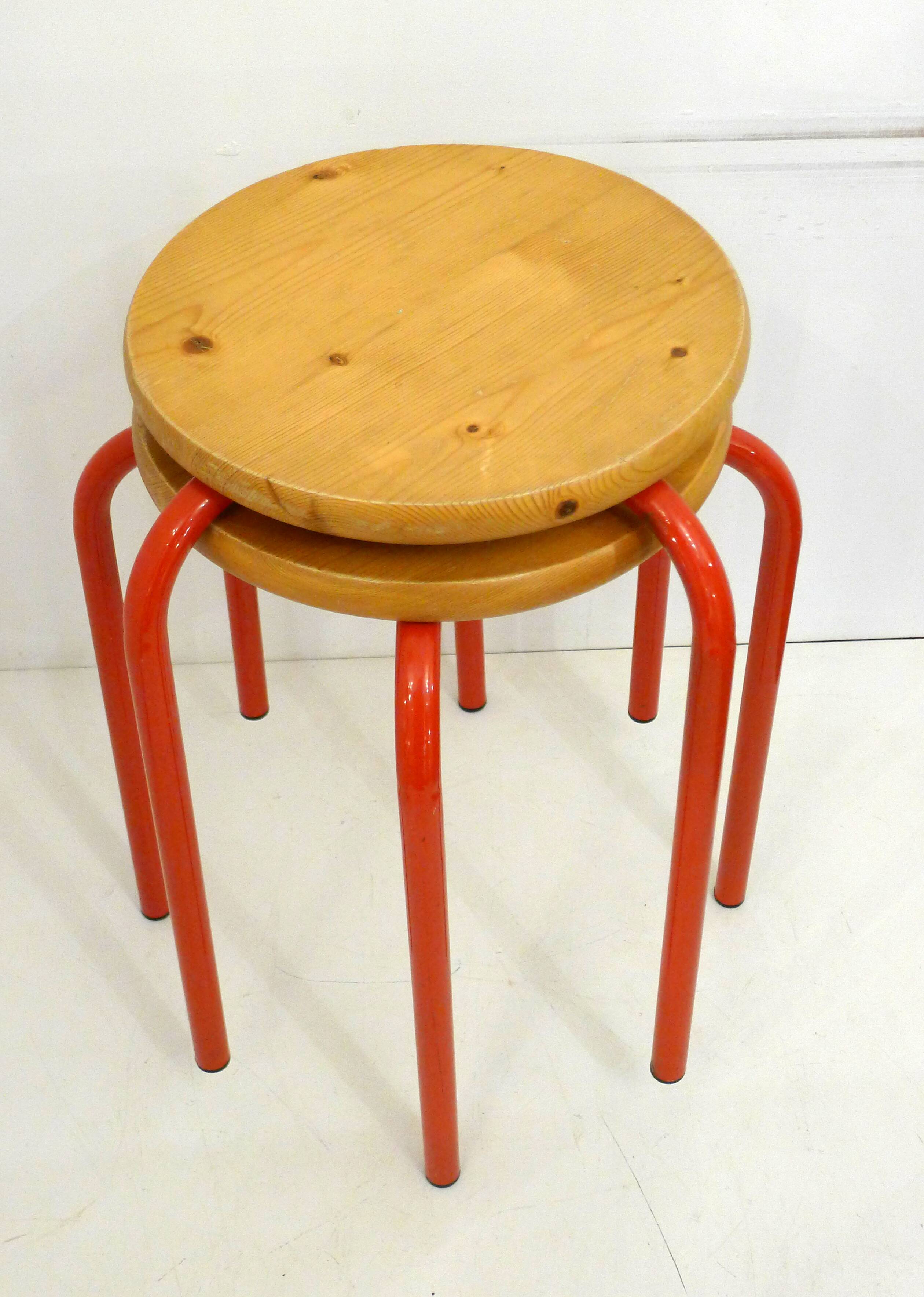 Pair of stools, red lacquered legs & wooden seat 1980s