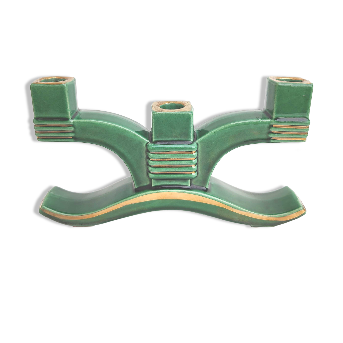 Candle holder 3 candles Art Deco green and gilded earthenware