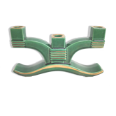 Candle holder 3 candles Art Deco green and gilded earthenware