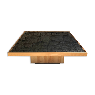 Beech coffee table and black checkerboard of burnt wood, glass top