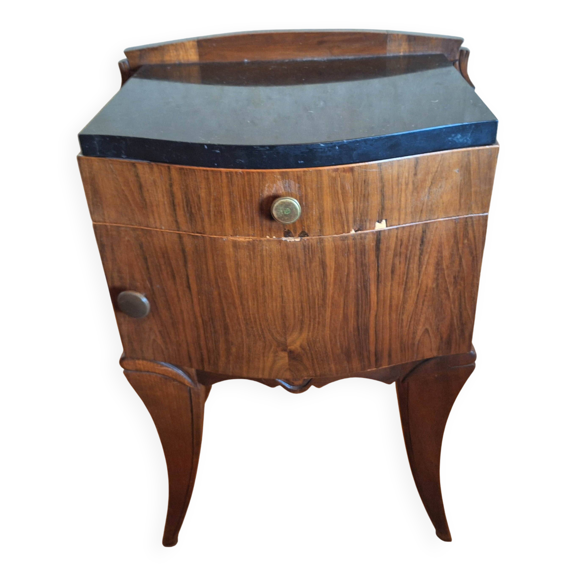 Black marble and burl walnut bedside table