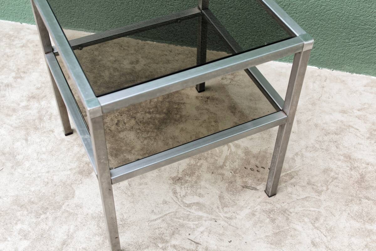 End table, chrome metal and smoked glass coffee table
