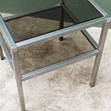 End table, chrome metal and smoked glass coffee table