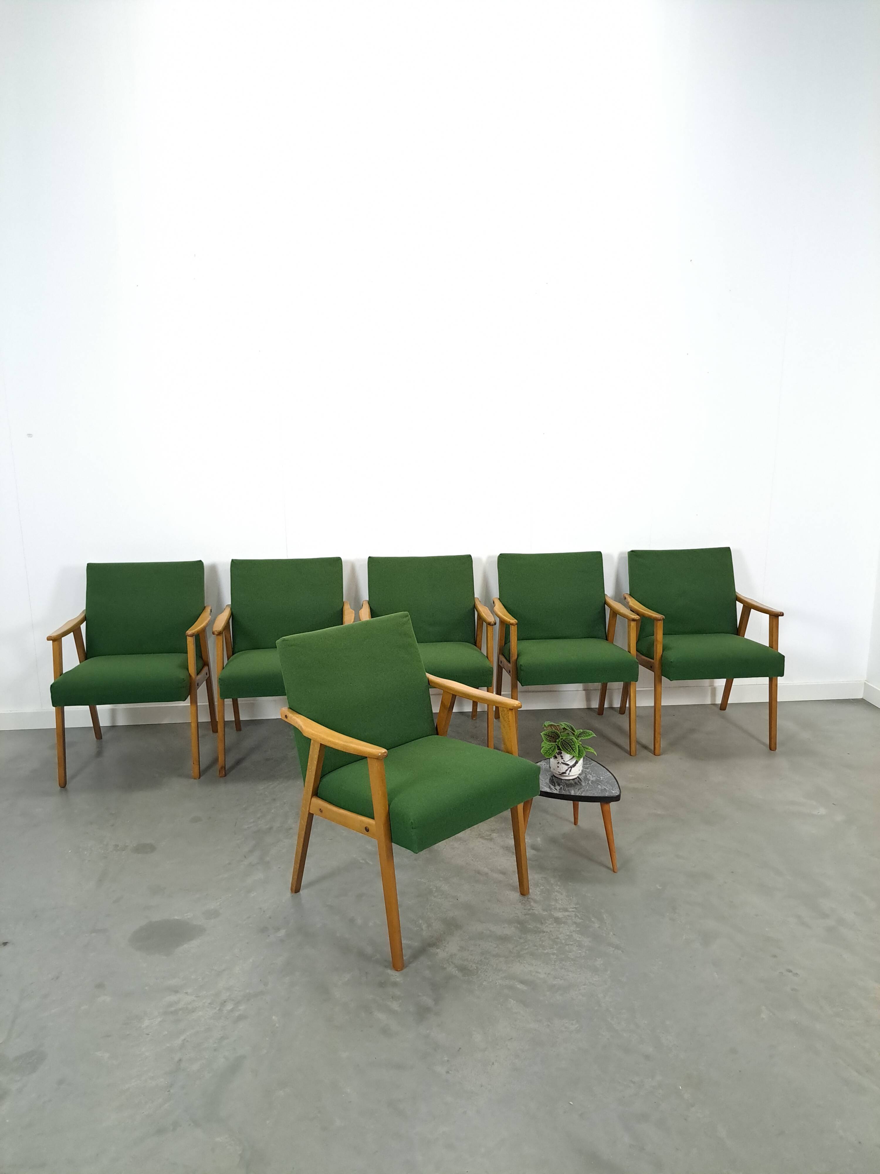 Set of 6 groene eetkamerstoelen met beukenhout