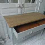 Green green vintage chest of drawers of gray, wood top.