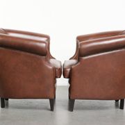 Set of 2 cognac-coloured cow leather club armchairs in English style