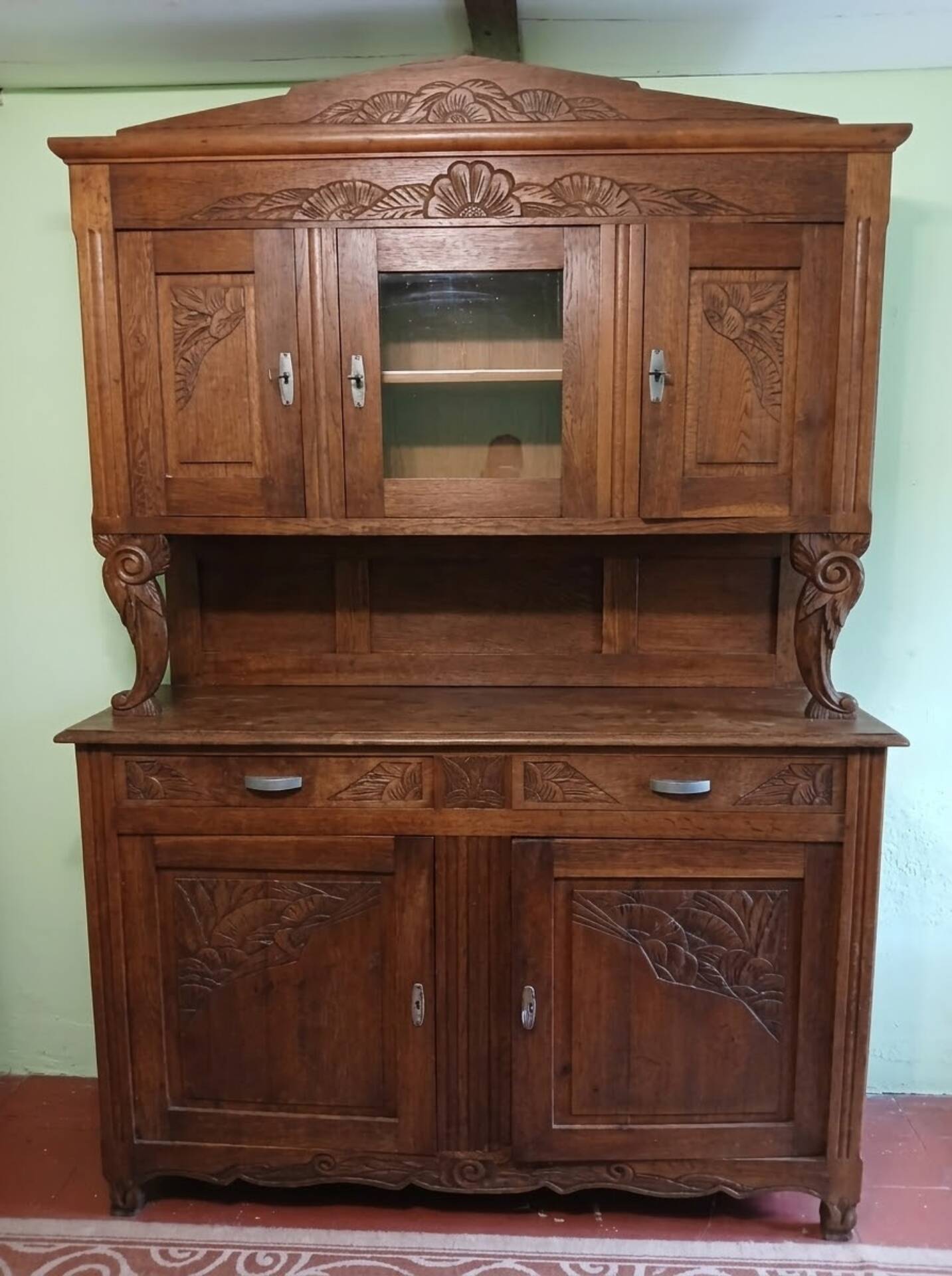 Art Deco Two-Door Buffet - Carved Oak - 1930s