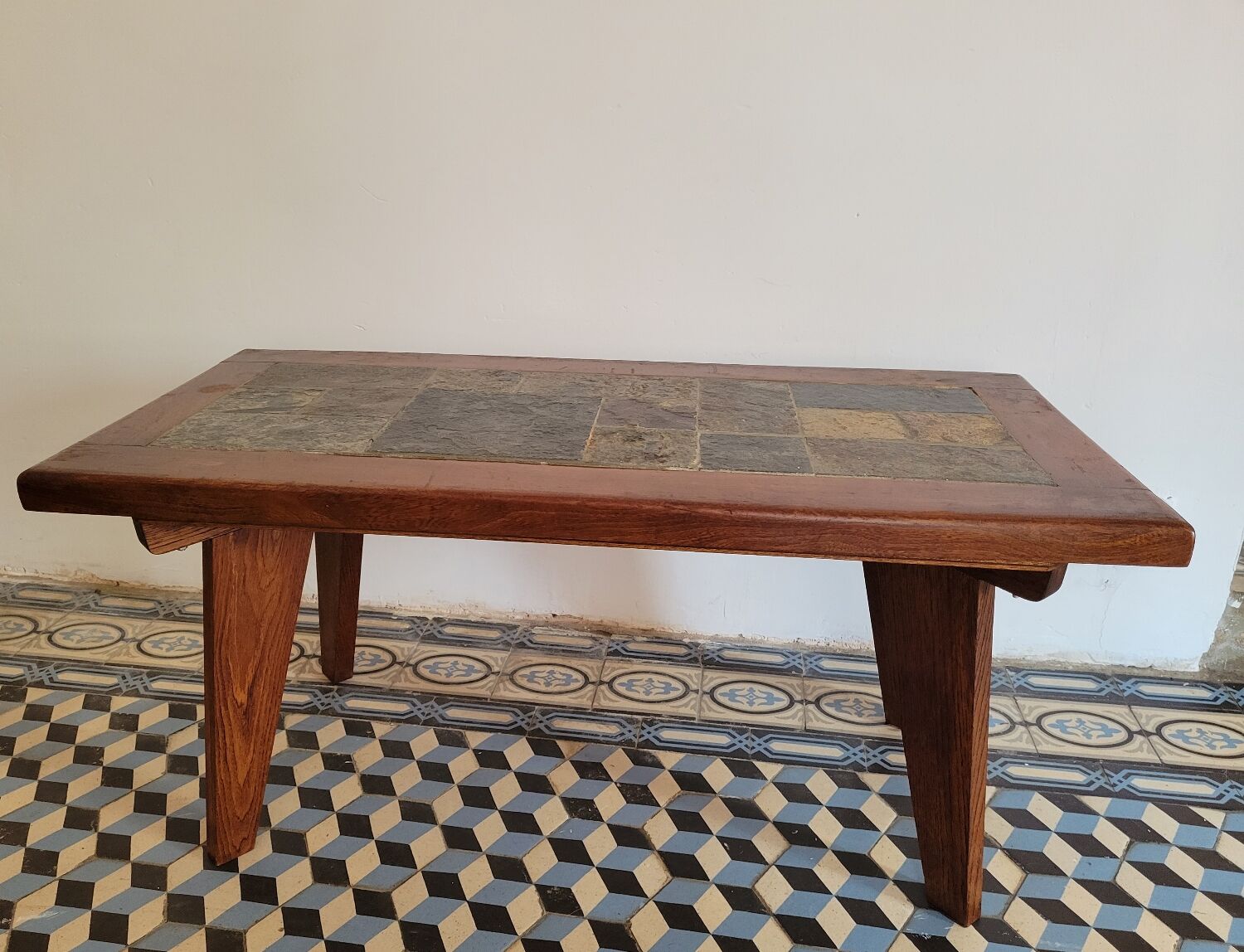 Brutalist coffee table wood and slate