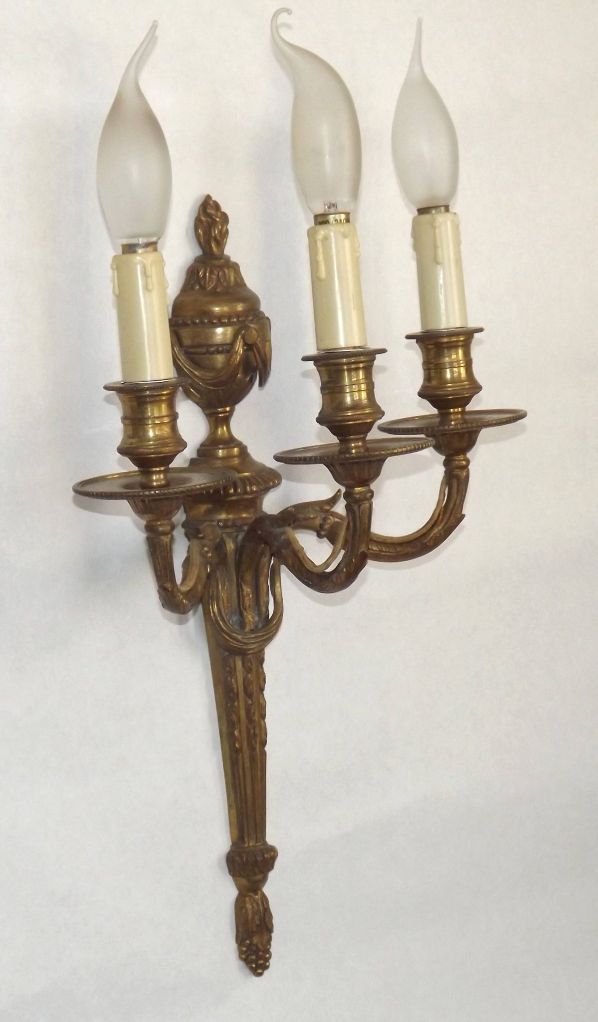 Magnificent Pair French Antique Bronze Triple Wall Lights Urn & Swag Detail