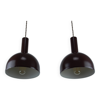 Mid-Century Modern Set of 2 Brown Metal Hanging Lamps