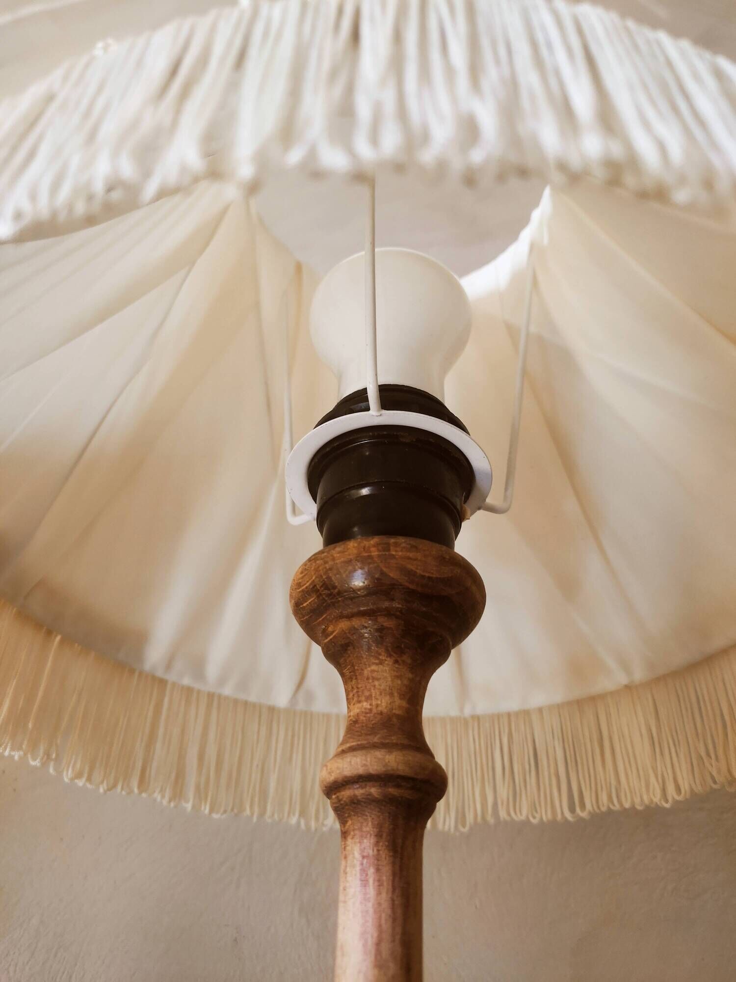 Pair of wooden lamps, pleated lampshade