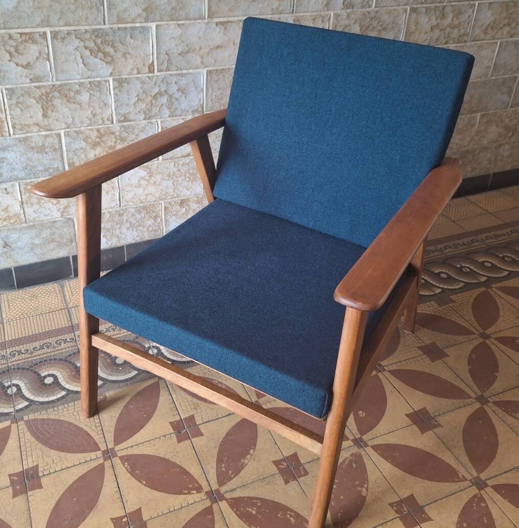 Danish teak lounge chair with sea blue-green fabric, 1960s