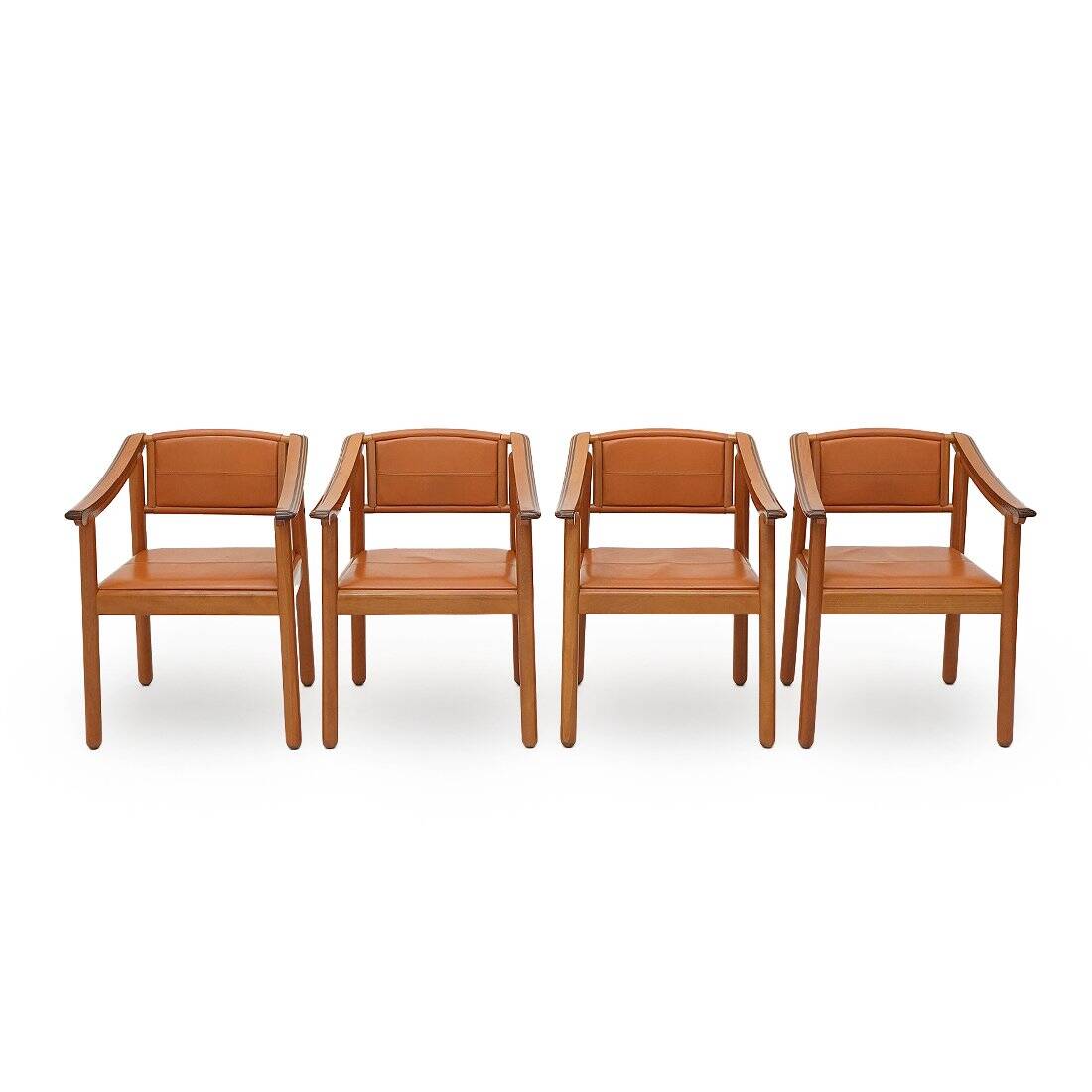 Wood and leather chairs, 1970s, set of 4