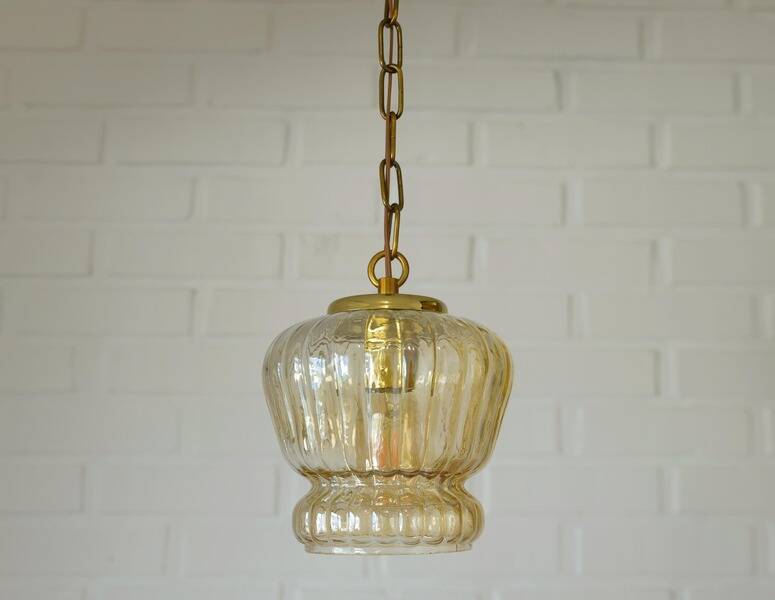Vintage old gold pendant light, amber glass, 1960s chain lamp