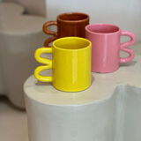 Mug cup ceramic handle graphic wave design colorful lemon yellow