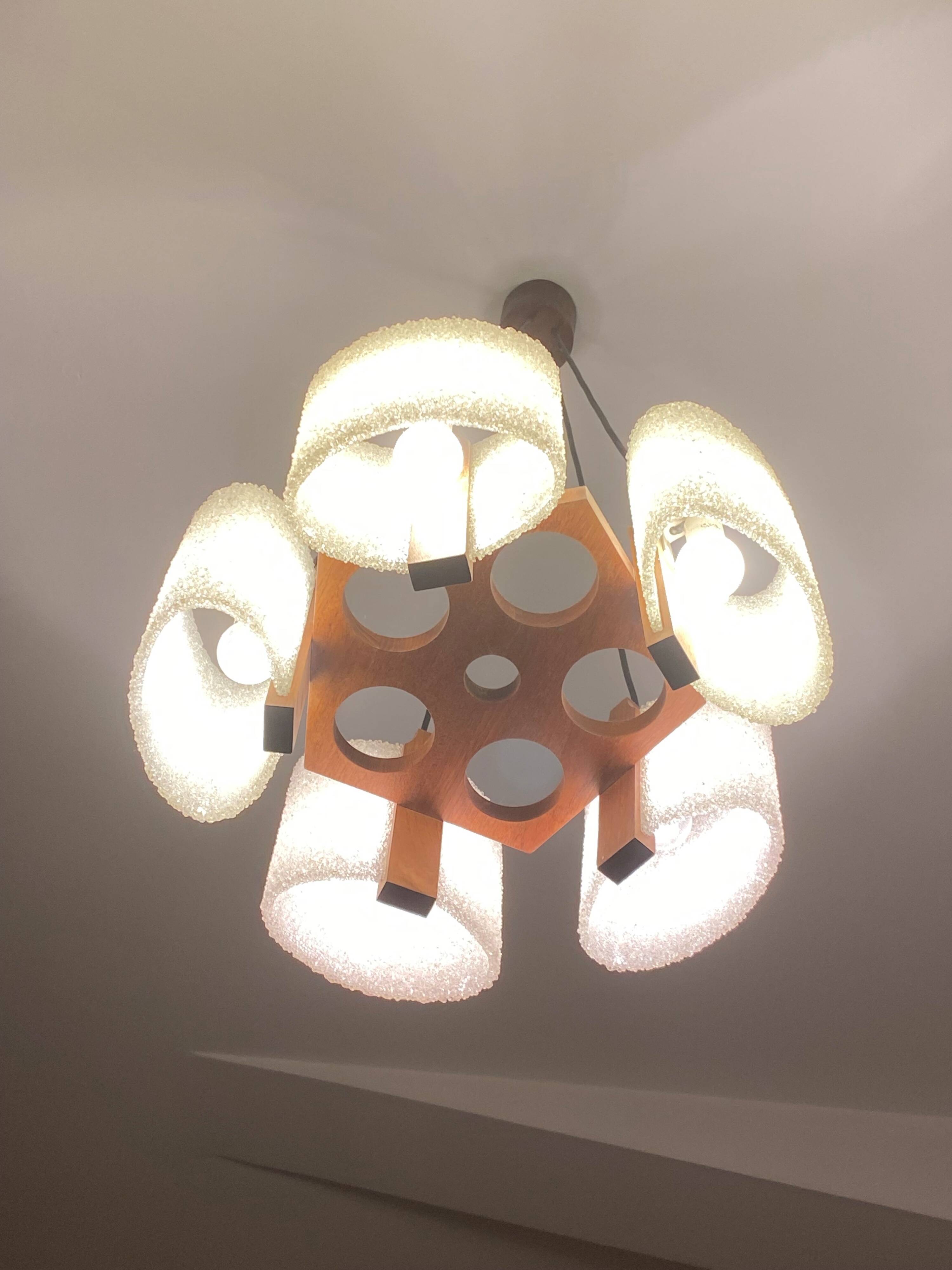 Celluloid Scandinavian teak pendant chandelier from the 60s