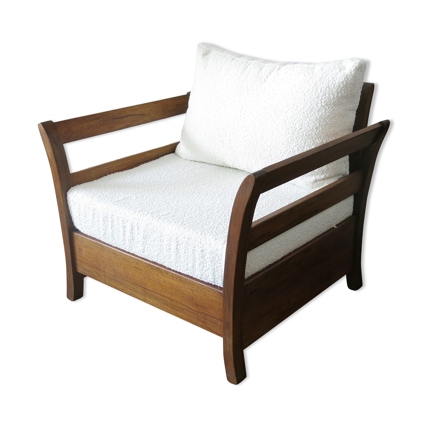 Fauteuil bois et tissu bouclette blanc crème